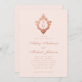 モノグラムバラ金ゴールドフローラクレスト赤面ピンク結婚ズ 招待状 (正面/裏面)