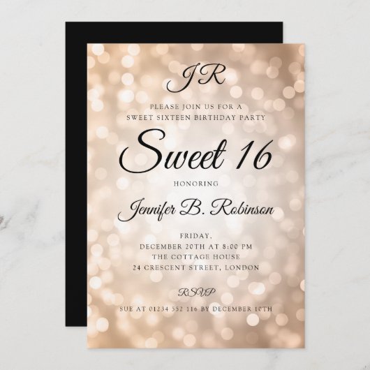 モノグラムバラ金ゴールドライトスイート16誕生日 招待状 (正面/裏面)