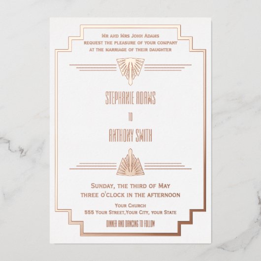 モノグラムバラ金ゴールド及び白結婚アールデコ箔 箔招待状 (正面)