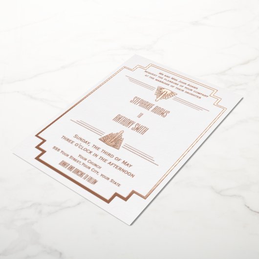 モノグラムバラ金ゴールド及び白結婚アールデコ箔 箔招待状 (回転した状態)