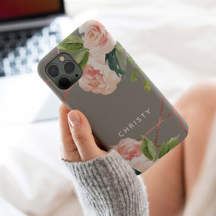 モノグラムバラ金ゴールド水彩フローラ暖灰色 iPhone 15 PROケース