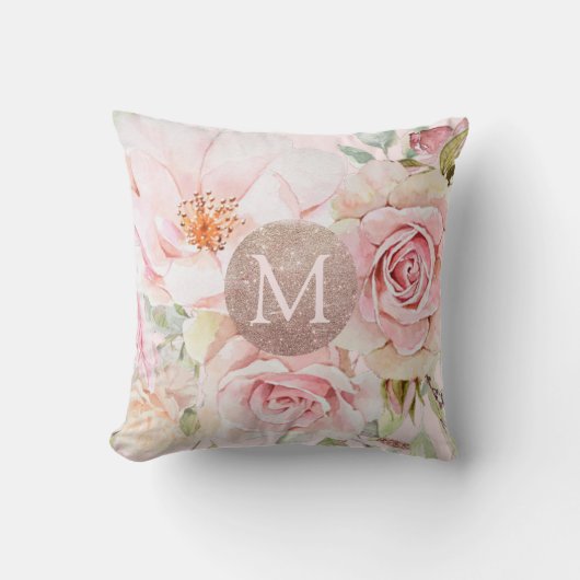モノグラムバラ金ゴールド赤面ピンクウォーター色フローラ クッション (正面)