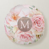 モノグラムバラ金ゴールド赤面ピンクウォーター色フローラ ラウンドクッション (正面)