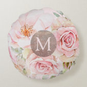 モノグラムバラ金ゴールド赤面ピンクウォーター色フローラ ラウンドクッション (裏面)