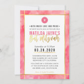 モノグラムバルミツワーコーラルピンクストライプ金ゴールド 招待状 (正面)