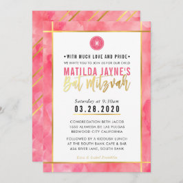 モノグラムバルミツワーコーラルピンクストライプ金ゴールド 招待状