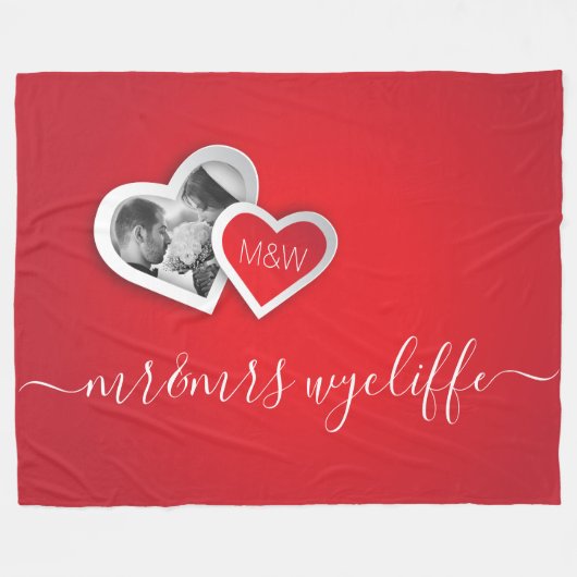 モノグラムバレンタイン紙切り出しハートユアフォト フリースブランケット (正面(横))