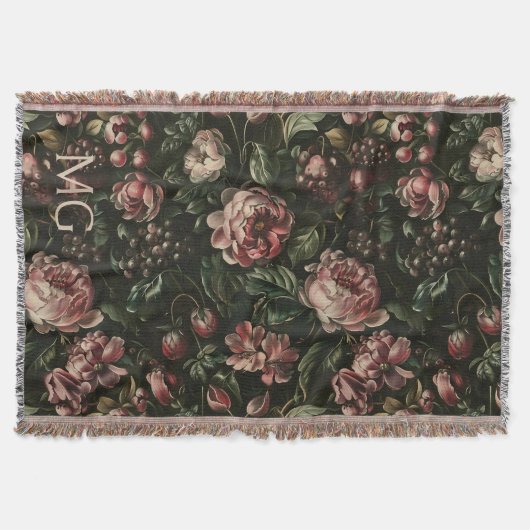 モノグラムバロック濃い紫色の花のパターン スローブランケット (正面)