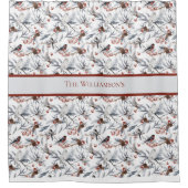 モノグラムバードホワイトグレーシルバーブランチ赤い果実 シャワーカーテン (正面)