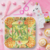 モノグラムパイナップルフラワーグリーン ペーパープレート (パーティー)