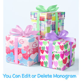 モノグラムパステルウォーターカラーハートピンクブルーエレガント ラッピングペーパーシート