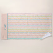 モノグラムパステルストライプティール（緑がかった色）とフラワーピンク ビーチタオル (正面)