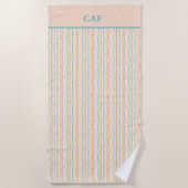 モノグラムパステルストライプティール（緑がかった色）とフラワーピンク ビーチタオル (正面)