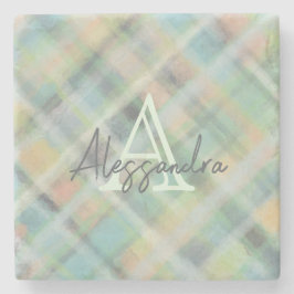 モノグラムパステルタータンチェックグリーングレーイエローティール（緑がかった色） ストーンコースター
