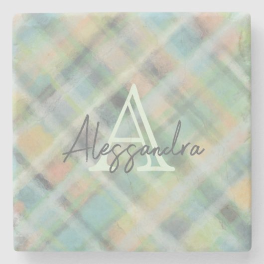 モノグラムパステルタータンチェックグリーングレーイエローティール（緑がかった色） ストーンコースター (正面)