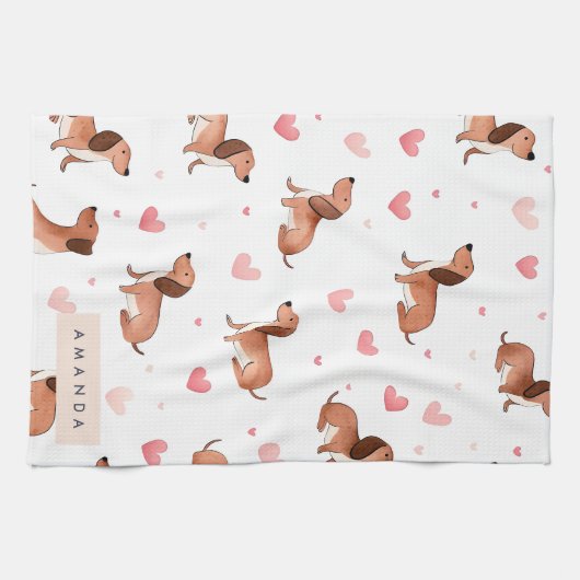 モノグラムパーソナライズされたかわいいダシュント犬 キッチンタオル (横)
