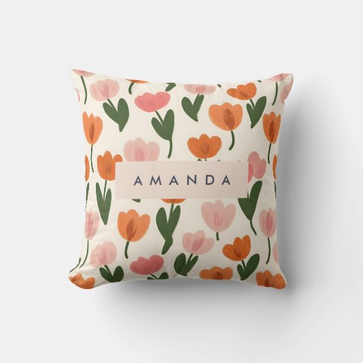 モノグラムパーソナライズされたかわいい春チューリップパターン クッション (正面)