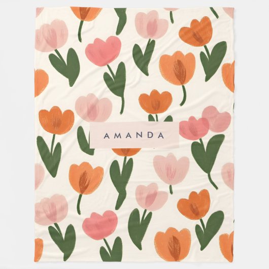モノグラムパーソナライズされたかわいい春チューリップパターン フリースブランケット (正面)