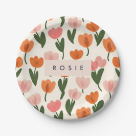 モノグラムパーソナライズされたかわいい春チューリップパターン ペーパープレート