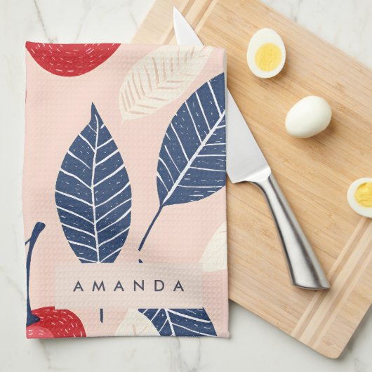 モノグラムパーソナライズされたさくらんぼ及び葉柄 キッチンタオル (四つ折り)