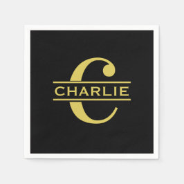 モノグラムパーソナライズされたと名前ブラックと金ゴールド スタンダードカクテルナプキン