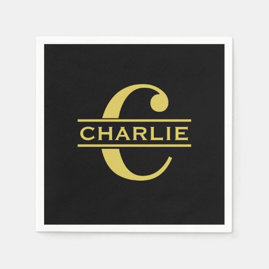 モノグラムパーソナライズされたと名前ブラックと金ゴールド スタンダードカクテルナプキン (正面)