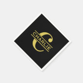 モノグラムパーソナライズされたと名前ブラックと金ゴールド スタンダードカクテルナプキン (角)