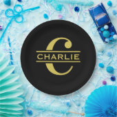 モノグラムパーソナライズされたと名前ブラックと金ゴールド ペーパープレート (パーティー)