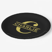 モノグラムパーソナライズされたと名前ブラックと金ゴールド ペーパープレート (アングル)