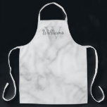 モノグラムパーソナライズされたと名前ホワイトマーブル エプロン<br><div class="desc">モノグラパーソナライズされたムと名前のギフトは、グレーのスクリプトのフォントスタイルで名前をパーソナライズされた特徴とし、背景として明るいグレーのセリフのフォントスタイルでモノグラムを白い大理石の背景に。</div>