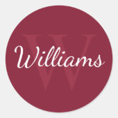 モノグラムパーソナライズされたと名前Burgundy Red ラウンドシール (正面)