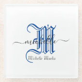 モノグラムパーソナライズされたイニシャル事業名ブルー ガラスコースター (正面)