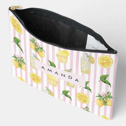 モノグラムパーソナライズされたウォーターカラーレモンレモネード アクセサリーポーチ (見開き)