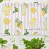 モノグラムパーソナライズされたウォーターカラーレモンレモネード キッチンタオル (折り畳み)