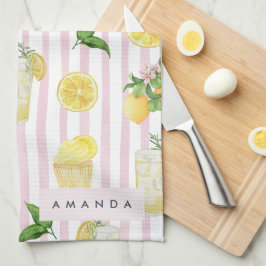 モノグラムパーソナライズされたウォーターカラーレモンレモネード キッチンタオル