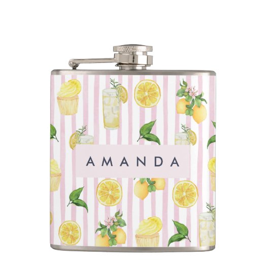 モノグラムパーソナライズされたウォーターカラーレモンレモネード フラスク (正面)