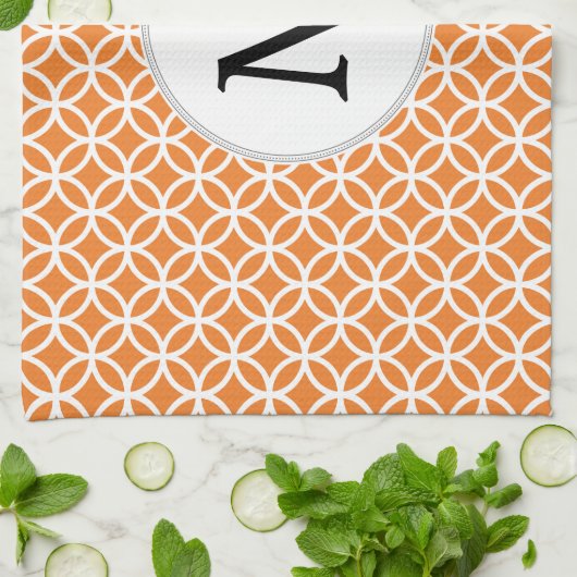 モノグラムパーソナライズされたオレンジの二重リングパターン キッチンタオル (折り畳み)