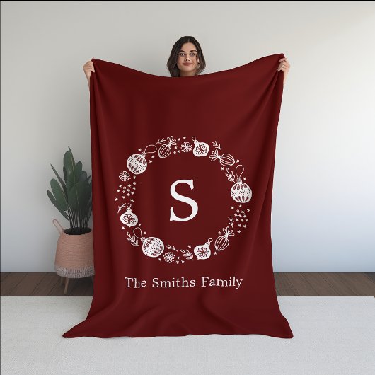 モノグラムパーソナライズされたクリスマスリース フリースブランケット