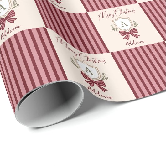 モノグラムパーソナライズされたクレストボウクリスマス ラッピングペーパー (ロールコーナー)