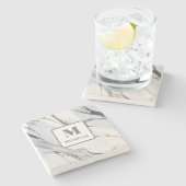 モノグラムパーソナライズされたグレイ&ホワイトマーブル ストーンコースター (横)