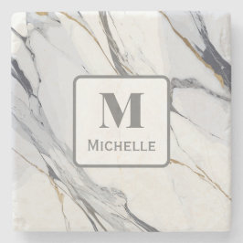 モノグラムパーソナライズされたグレイ&ホワイトマーブル ストーンコースター