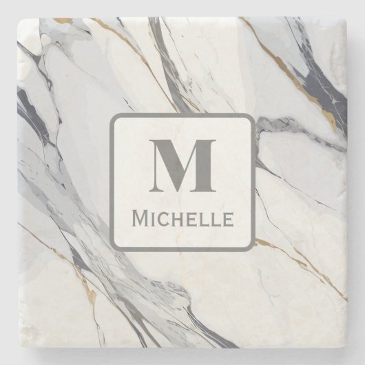 モノグラムパーソナライズされたグレイ&ホワイトマーブル ストーンコースター (正面)