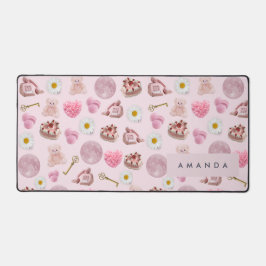 モノグラムパーソナライズされたコケットピンクムーンフェミニン デスクマット