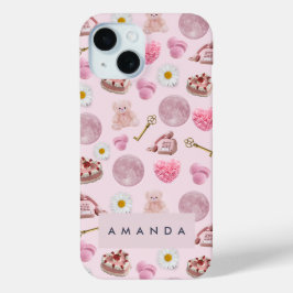 モノグラムパーソナライズされたコケットピンクムーンフェミニン iPhone 15ケース