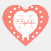 モノグラムパーソナライズされたコーラルホワイトハート ハートシール (正面)