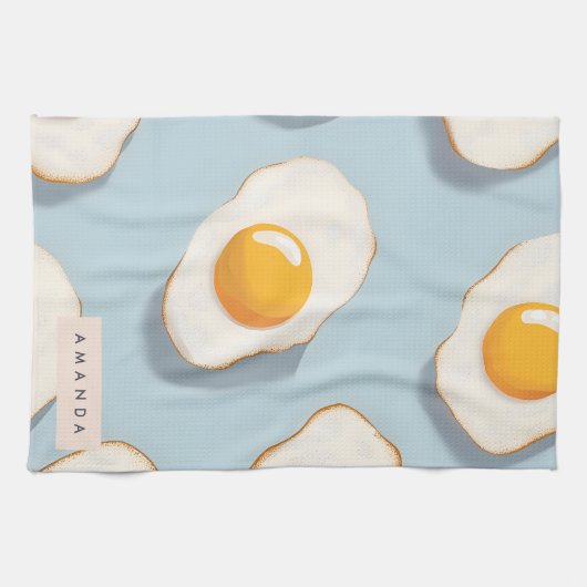 モノグラムパーソナライズされたサニーサイドアップ卵パターン キッチンタオル (横)