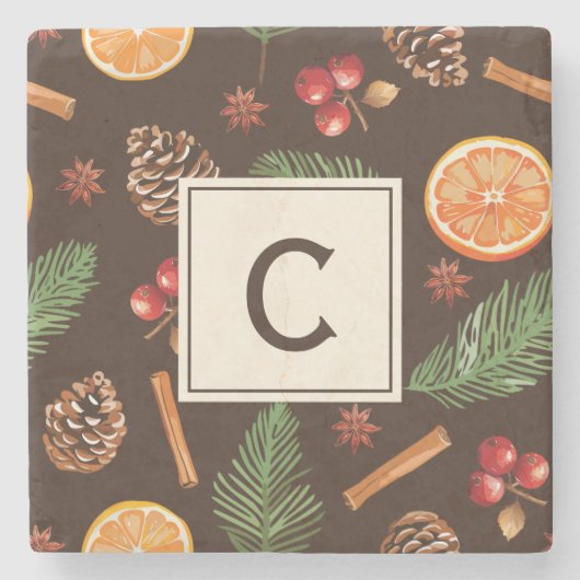 モノグラムパーソナライズされたシトラスボタニカルクリスマス ストーンコースター (正面)