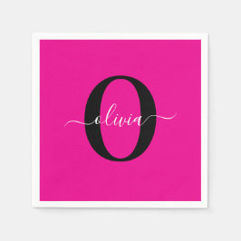 モノグラムパーソナライズされたスクリプト名ピンク白黒 スタンダードカクテルナプキン