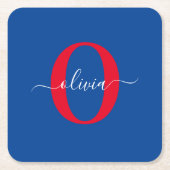 モノグラムパーソナライズされたスクリプト名ブルーホワイトレッド スクエアペーパーコースター (正面)