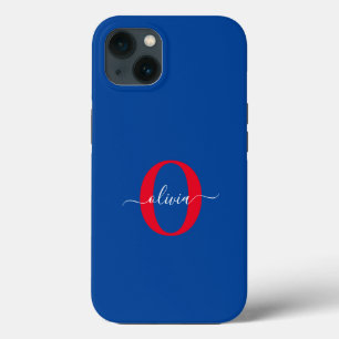 モノグラムパーソナライズされたスクリプト名ブルーホワイトレッド iPhone 13ケース